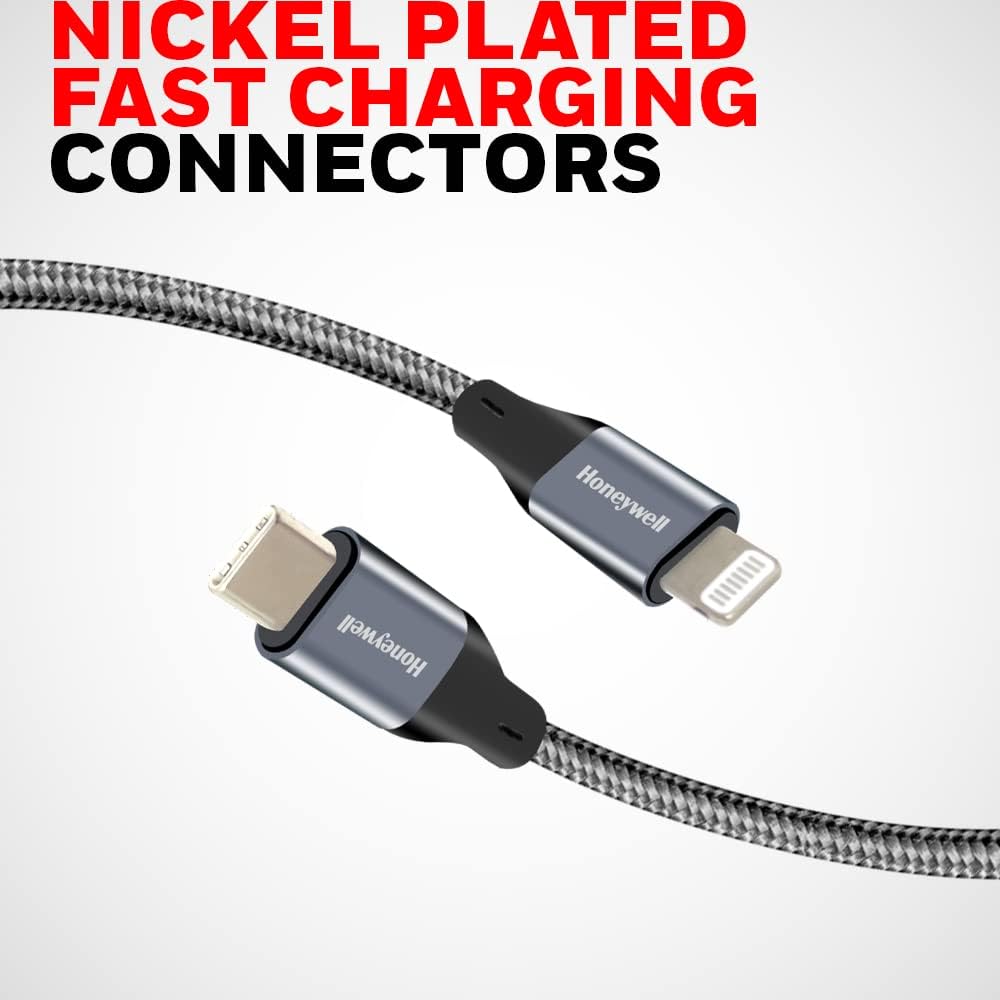Honeywell Type C To iPhone Lightning Apple Certified(MFI) with 1.2Mtr/4FT Cable, Fast Charging PD87W & 480MBPS Transfer Speed, Braided charge & sync cable for iPhone, iPad, Airpods -Grey