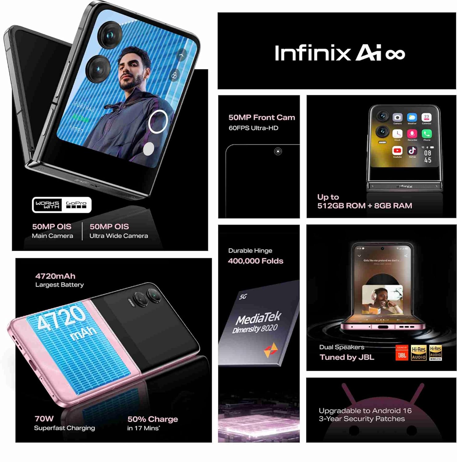 Infinix Zero Flip 5G Smart Phone X6962- (Rock Black, 512 GB)  (8 GB RAM), 4720 mAh Battery, Dual 50MP Back Camera, 50MP Front Camera