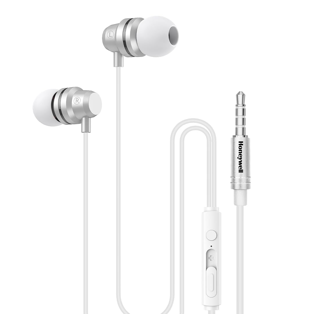 Honeywell Moxie V50 Wired Earphones with built in Mic, 10mm*2 drivers, Passive Noise Cancellation, 3.5mm AUX, Voice Assistant Enabled, 1.2 Mtr- White