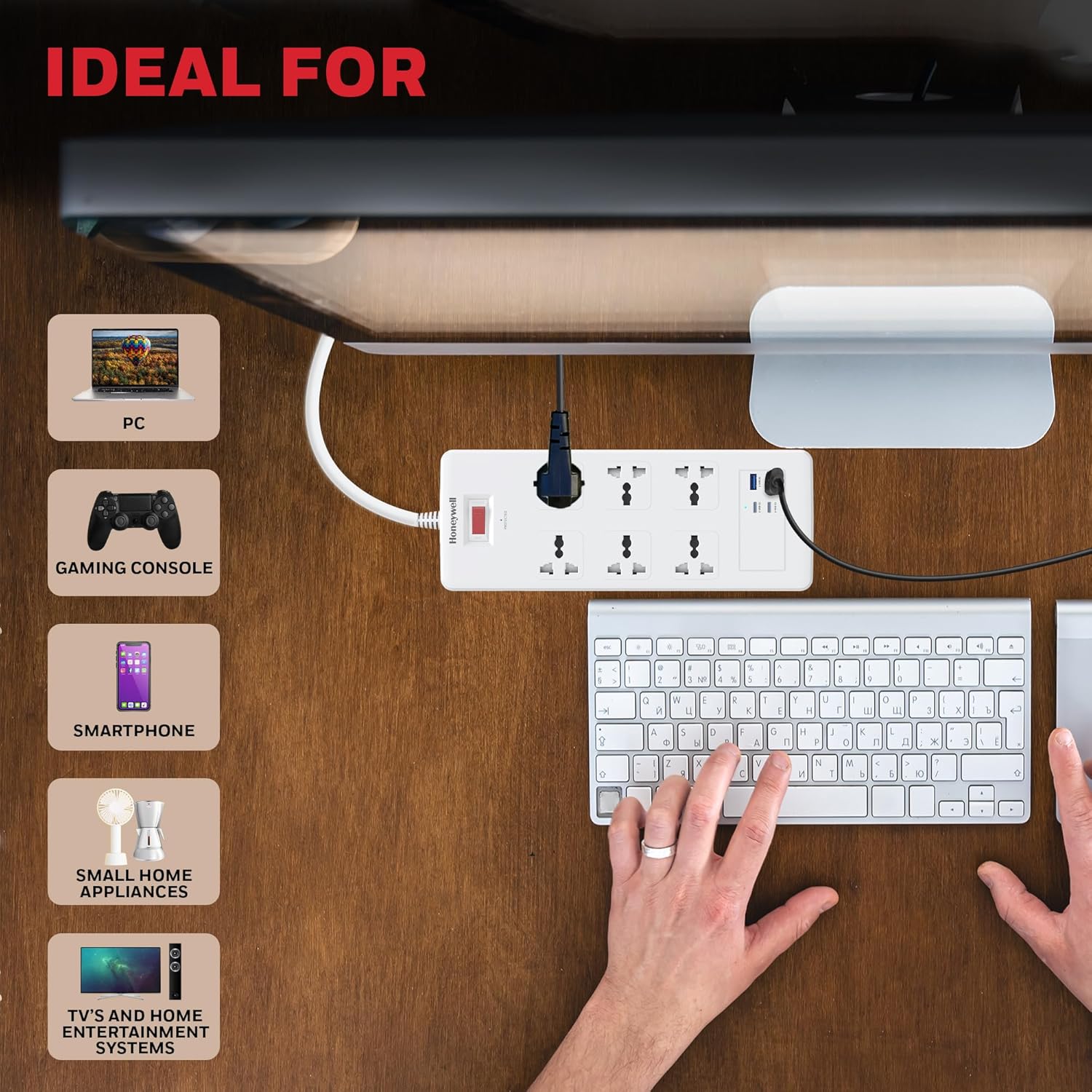 Honeywell 6 Out Surge Protector with Master Switch, Spike Guard/Extension board, 6 Outlet, 2xPD20W & 2xUSB, 1050 Joules, 1.8 Meter Cord, DSW, Automatic Overload Protection, 3 Years Manufacturer Warranty