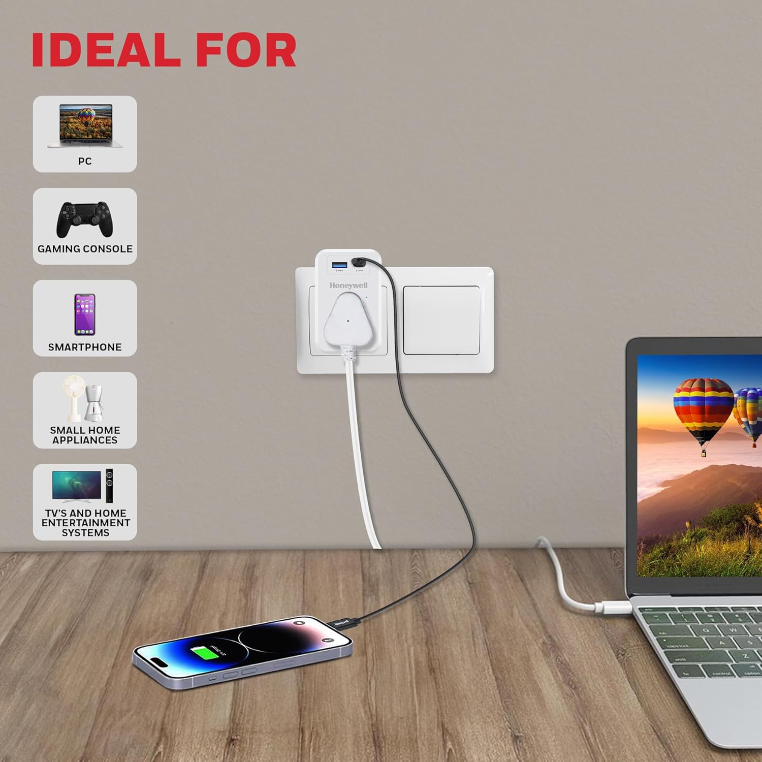 Honeywell 1 Out Surge Cube, Spike Guard, 1 Outlet, PD20W & USB  A Port, 255 Joules, Charge On The Go, Device Secure Warranty, Automatic Overload Protection- White