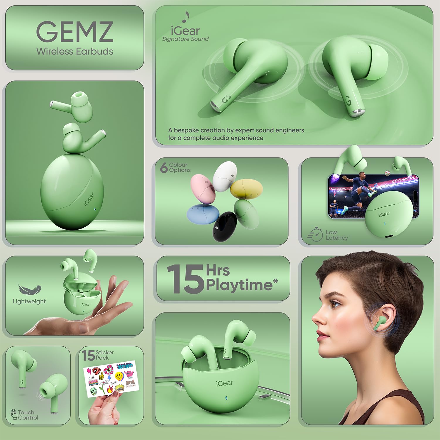 iGear Gemz iG-1142 TWS Wireless Earbuds, 15 Hrs+ Playtime- Green