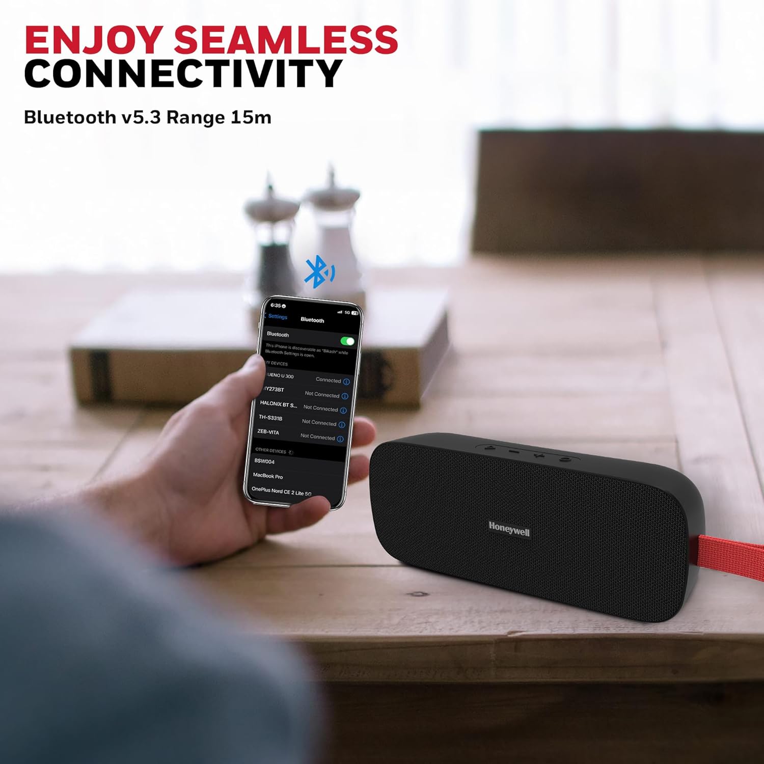 Honeywell Trueno U300 20W 5.3 Bluetooth Speaker,Deep Bass Radiators,13H Playtime,IPX 6,TWS Feature,SD Card,USB Type-C Port,AUX,Built-in Mic - Black