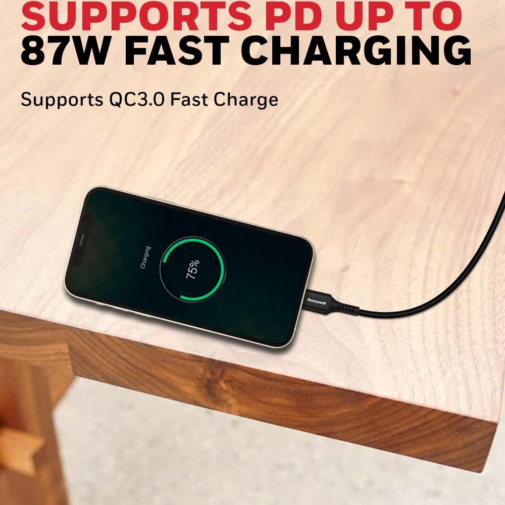 Honeywell Type C to iPhone Lightning Silicone cable MFI-certified, QC 3.0, PD 87W with Max Output 3A,Fast Charge & Sync Cable for iPhone- 6 Feet (1.8M)- Black