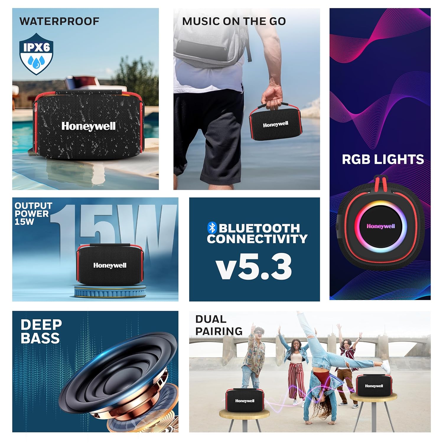 Honeywell Suono P400 15W 5.3 Bluetooth Speaker,Deep Bass Radiators,10H Playtime,IPX 6,TWS Feature,RGB Lights,SD Card,AUX,Type-C Port, 