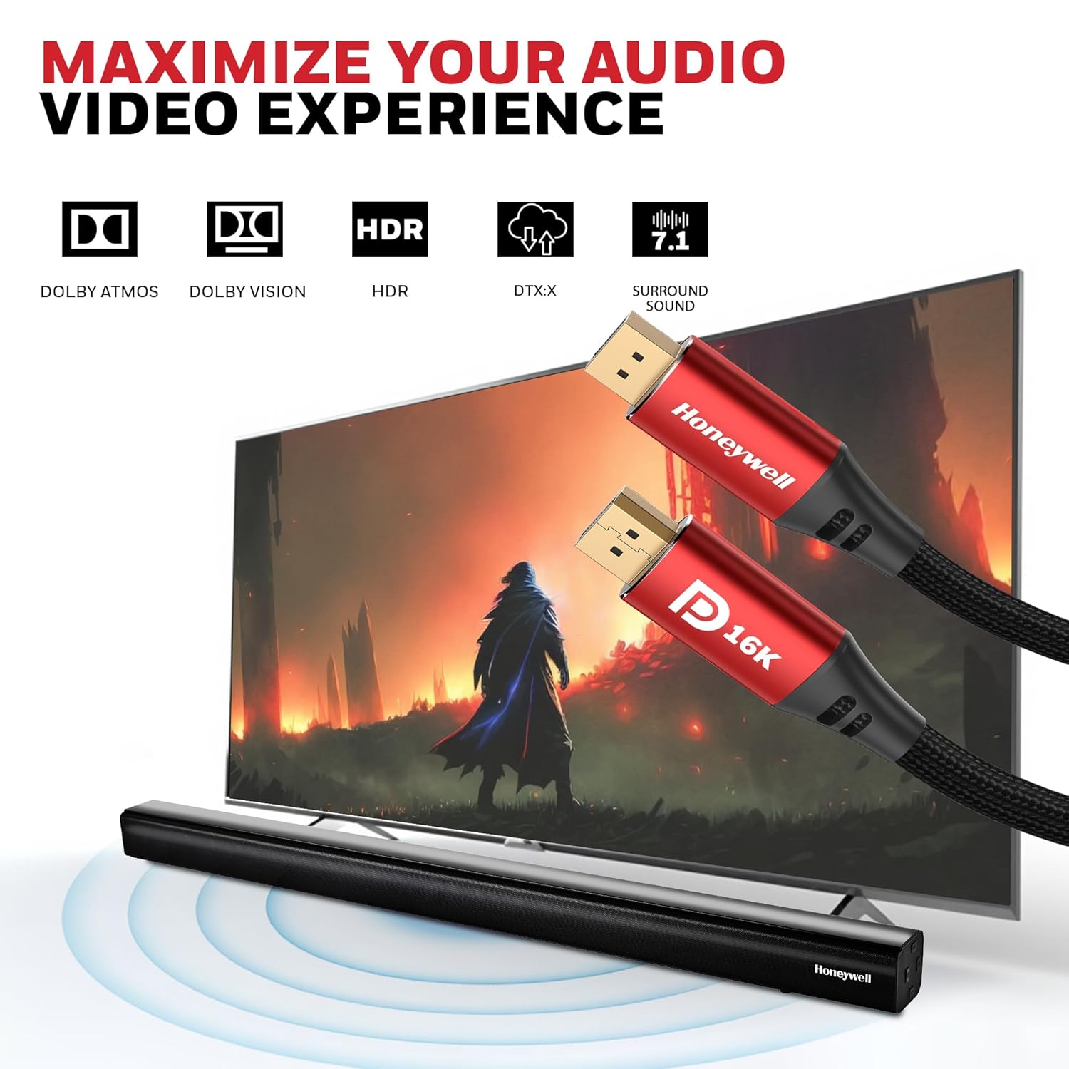 Honeywell Display Port To Display Port 2.1 Cable, 16K@60Hz UHD Resolution, 2 meter, Male to Male, Compatible with TV, Laptop, Projector, Monitor, etc- Black