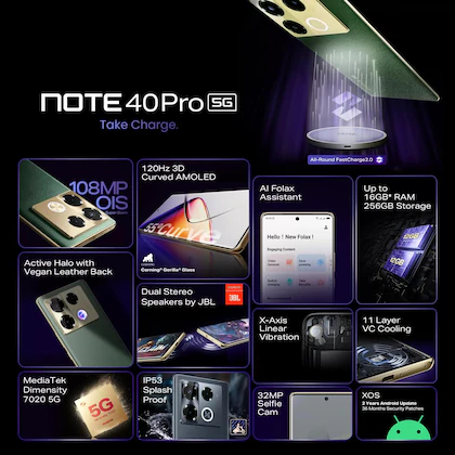 Infinix Note 40 Pro 5G Smart Phone X6851- (Vintage Green, 256 GB) (8 GB RAM), 17.22 cm (6.78 inch) Full HD+ Display, 108MP (OIS) Back Camera, 32MP Front Camera