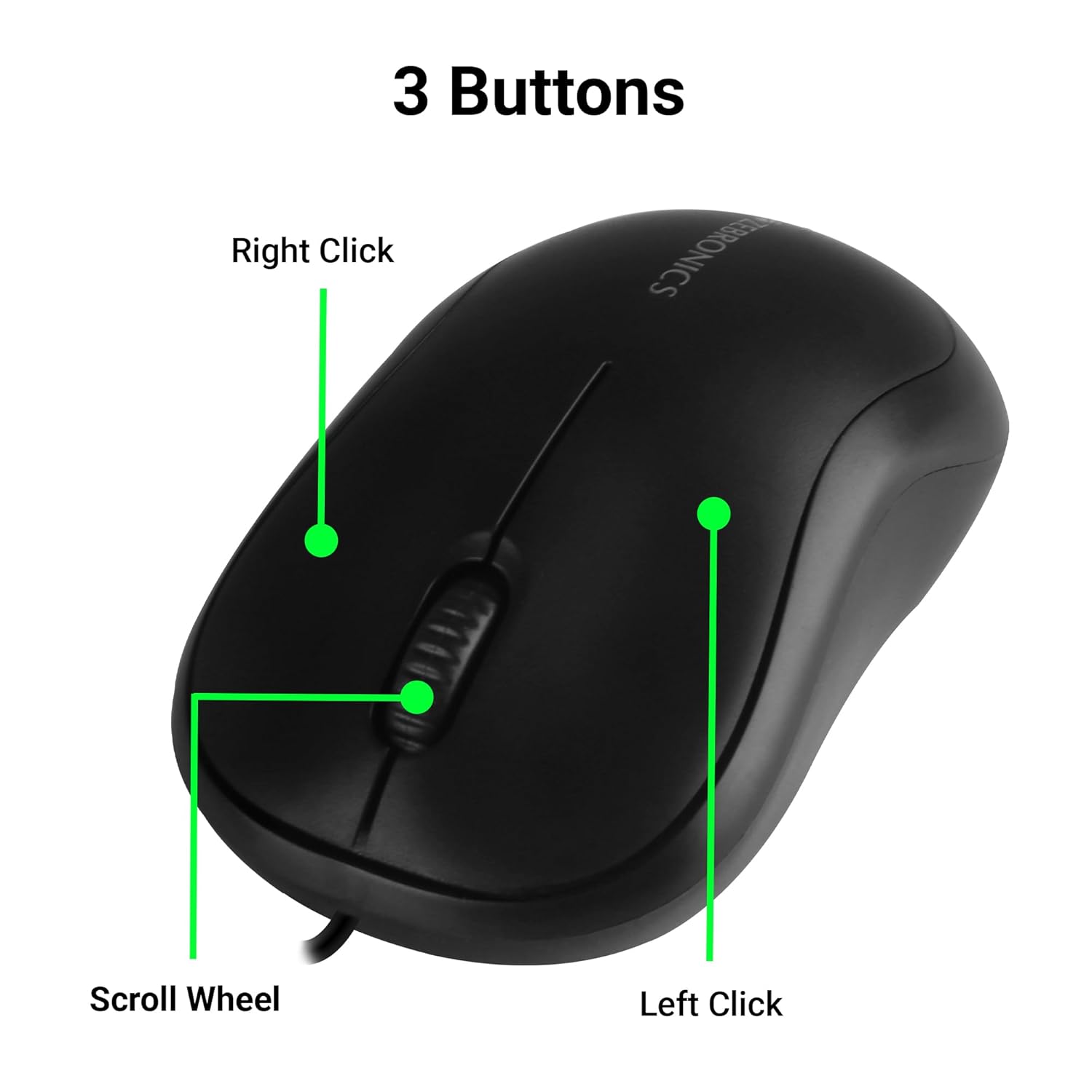 Zebronics Comfort Wired USB Mouse, 3-Button, 1000 DPI Optical Sensor, Plug & Play, for Windows/Mac, Black 