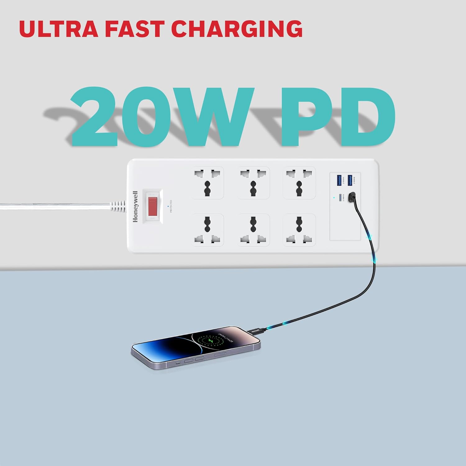 Honeywell 6 Out Surge Protector with Master Switch, Spike Guard/Extension board, 6 Outlet, 2xPD20W & 2xUSB, 1050 Joules, 1.8 Meter Cord, DSW, Automatic Overload Protection, 3 Years Manufacturer Warranty