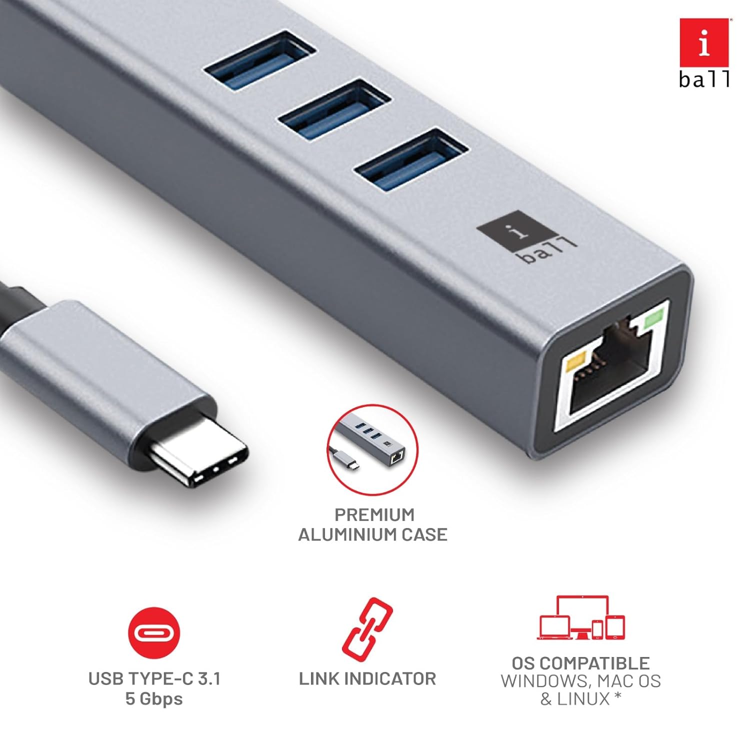 iBall Bridge 400C USB Type-C to USB 3.0 Hub + Gigabit Multifunctional Adapter, 4-in-1, USB 3.0 x 3-Ports Hub with 1000 Mbps Ethernet Port