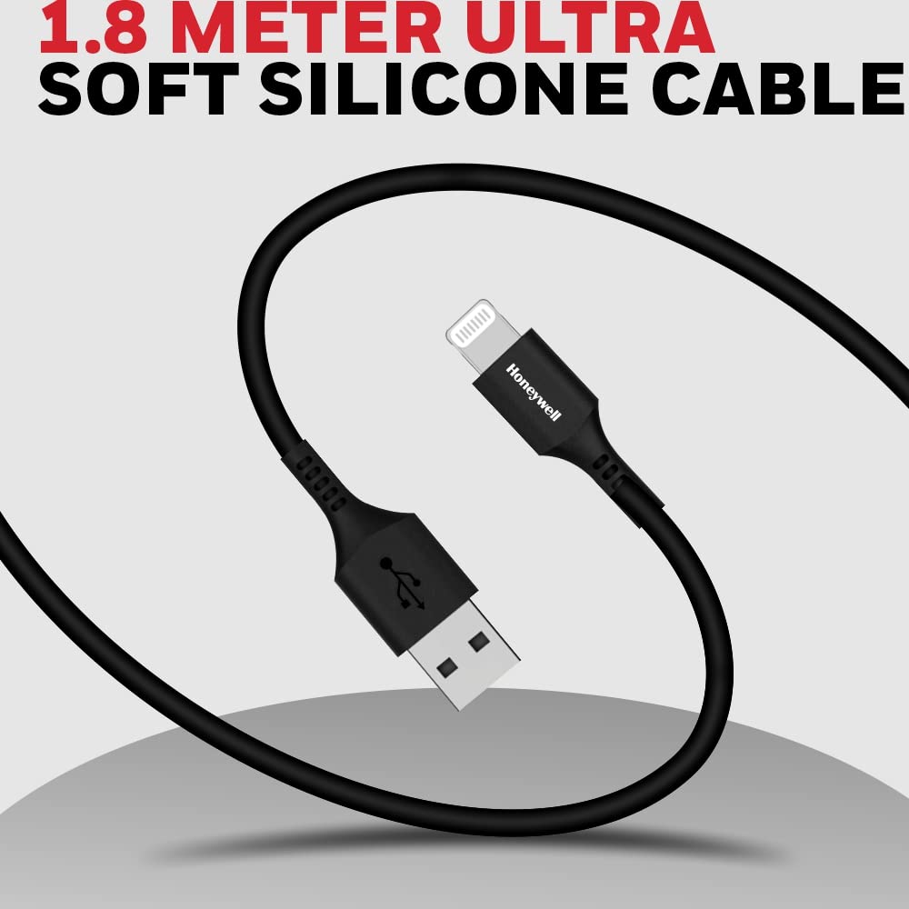 Honeywell USB to iPhone (MFI) Lightning Silicone cable, 6 Feet (1.8M), QC 3.0, 2.4A Max Output, Fast Charge & Sync Cable for iPhone,iPad, Airpods, iPod - Black
