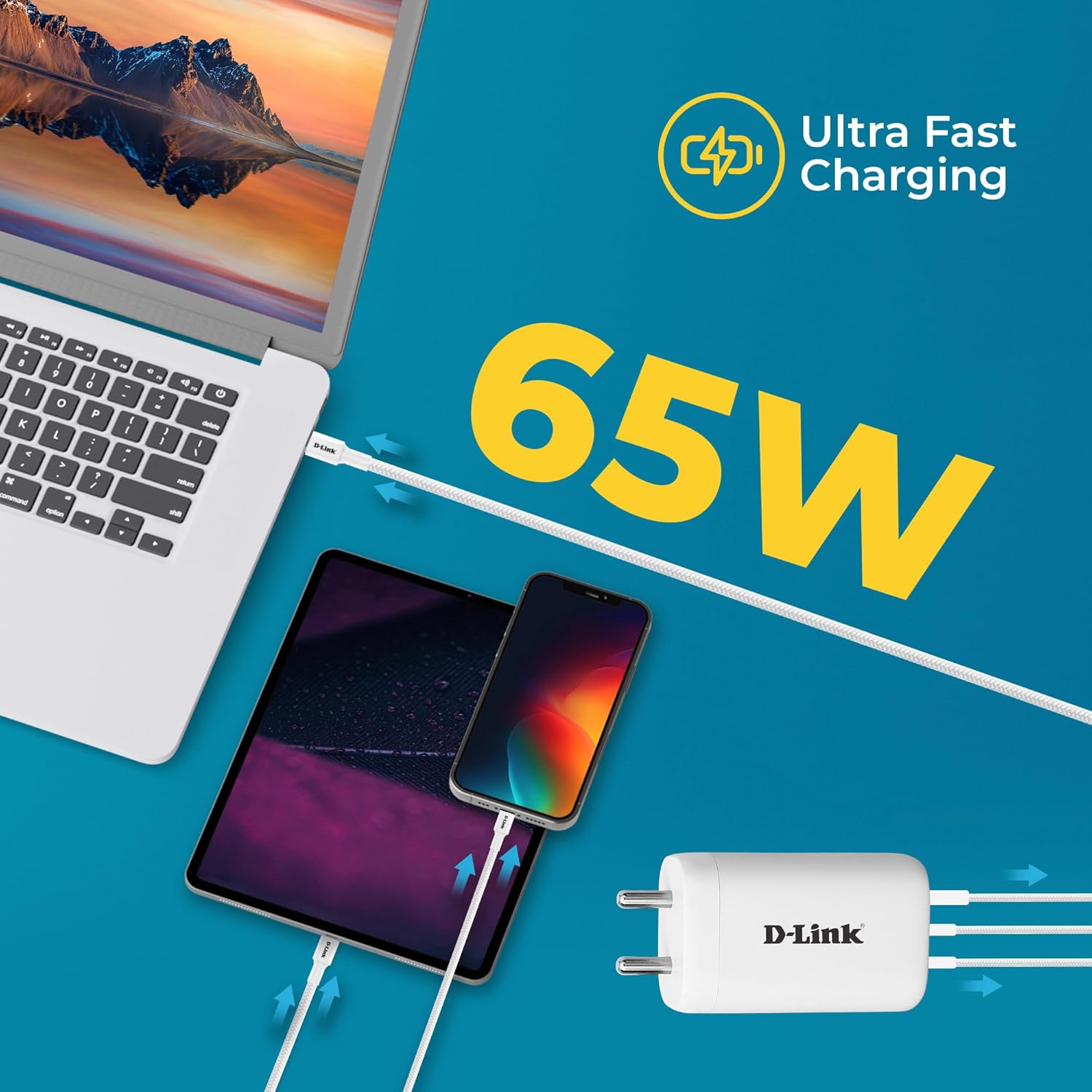 D-Link (DPA-F6521) 65W Triple Port Fast Charger 2 Type-C & 1 USB-A, GAN Technology, Easy to Carry, Included Type C-Type C(100W) Cable - White 