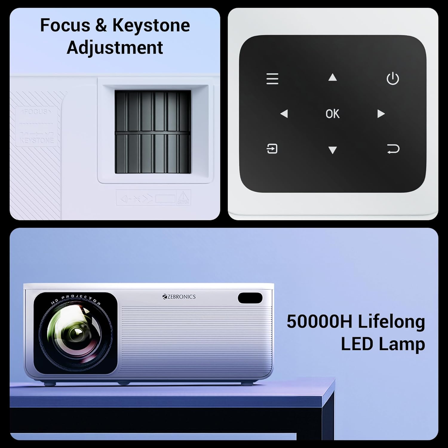 Zebronics PIXAPLAY 58 Smart Projector, 11500 Lumens, 4K Support, 210 Inch Screen Size, Quad Core Processor- White