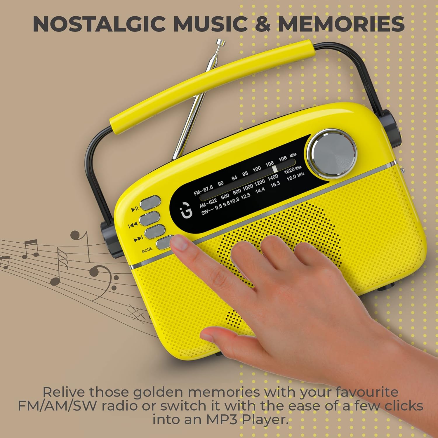 iGear Evoke iG-1113 Retro Modern style Radio and MP3 player with FM/AM/SW- Yellow