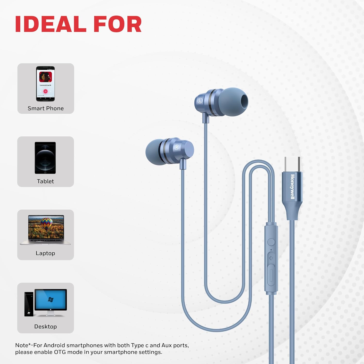 Honeywell Suono P60 Wired Earphones with built in Mic, Passive Noise Cancellation, Type C Compatible, Voice Assistant Enabled, 1.2 Mtr- Blue