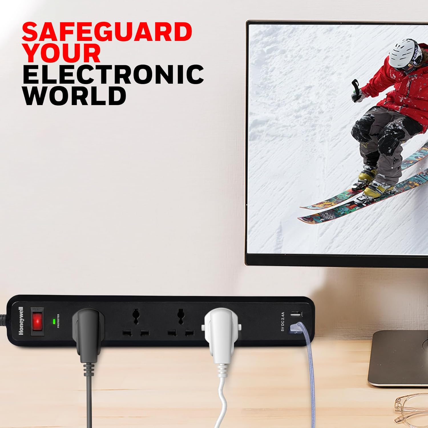 Honeywell 4 Universal Sockets Surge Protector, 2USB Ports, 2Meter,15000Amp,Device Secure Warranty,Auto Overload Protection,Spike Guard/Extension Board,Master Switch,3Year Manufacturer Warranty-Black