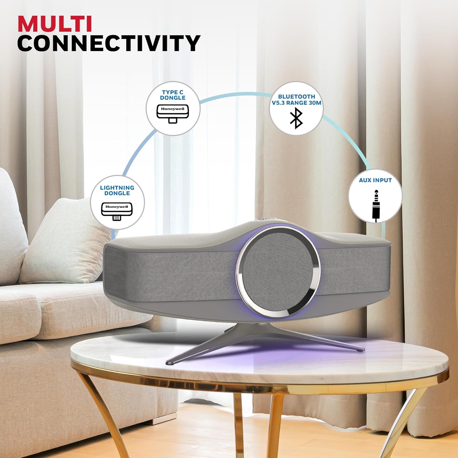 Honeywell Aviator Hi-Fi Speaker, 240W, 1MBPS+ audio codec, TypeC & Lightning Dongle, Ambient Light, Deep Bass, Bluetooth V5.3- 30m, 5 Amplification Channel, 3 Independent Sound Cavities- Grey