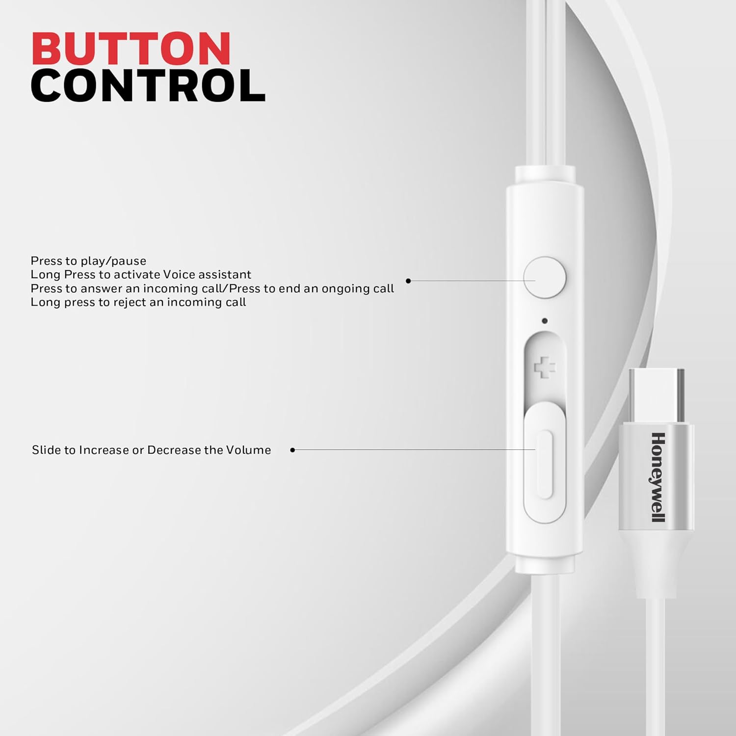 Honeywell Suono P60 Wired Earphones with built in Mic, Passive Noise Cancellation, Type C Compatible, Voice Assistant Enabled, 1.2 Mtr- White