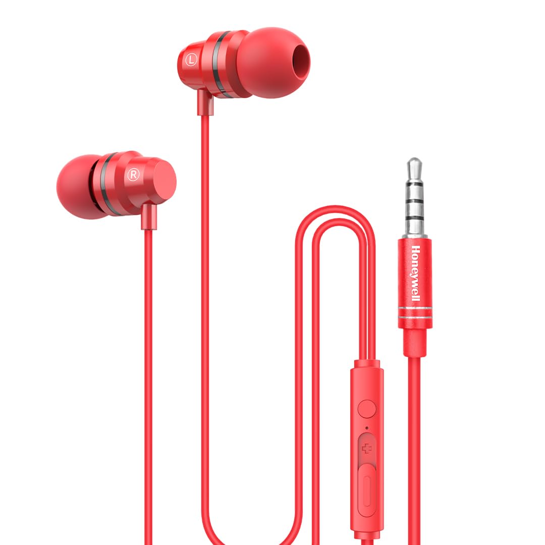 Honeywell Moxie V50 Wired Earphones with built in Mic, 10mm*2 drivers, Passive Noise Cancellation, 3.5mm AUX, Voice Assistant Enabled, 1.2 Mtr- Red
