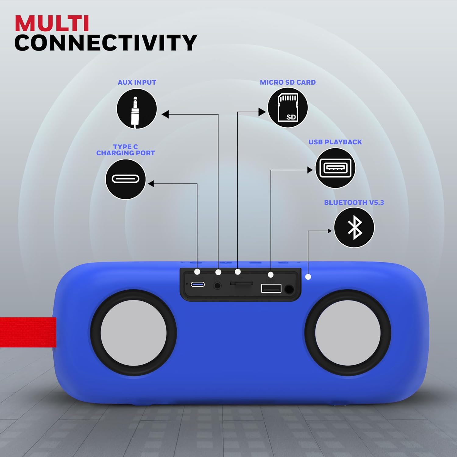 Honeywell Trueno U300 20W 5.3 Bluetooth Speaker,Deep Bass Radiators,13H Playtime,IPX 6,TWS Feature,SD Card,USB Type-C Port,AUX,Built-in Mic - Blue