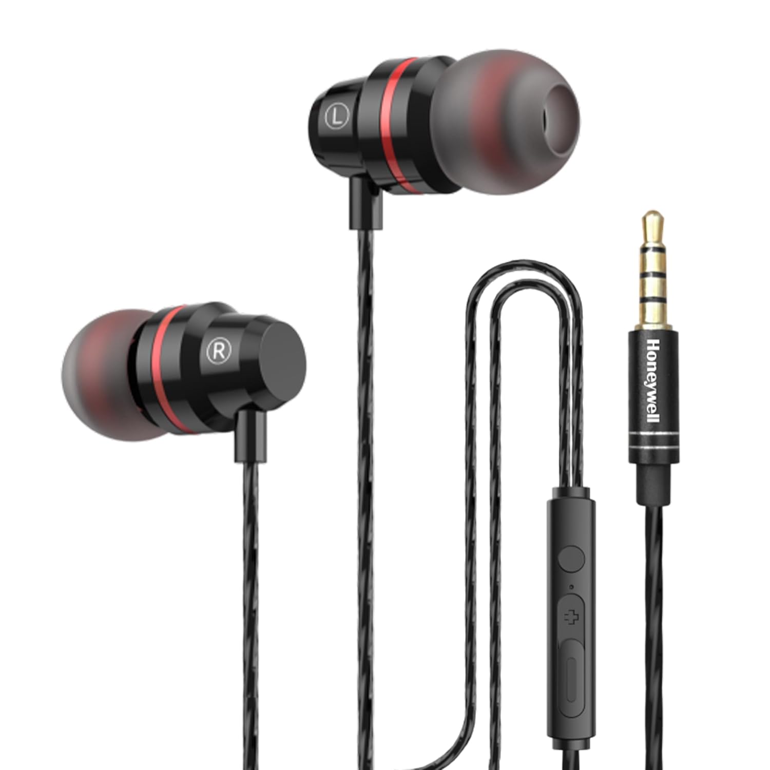 Honeywell Moxie V50 Wired Earphones with built in Mic, 10mm*2 drivers, Passive Noise Cancellation, 3.5mm AUX, Voice Assistant Enabled, 1.2 Mtr- Black