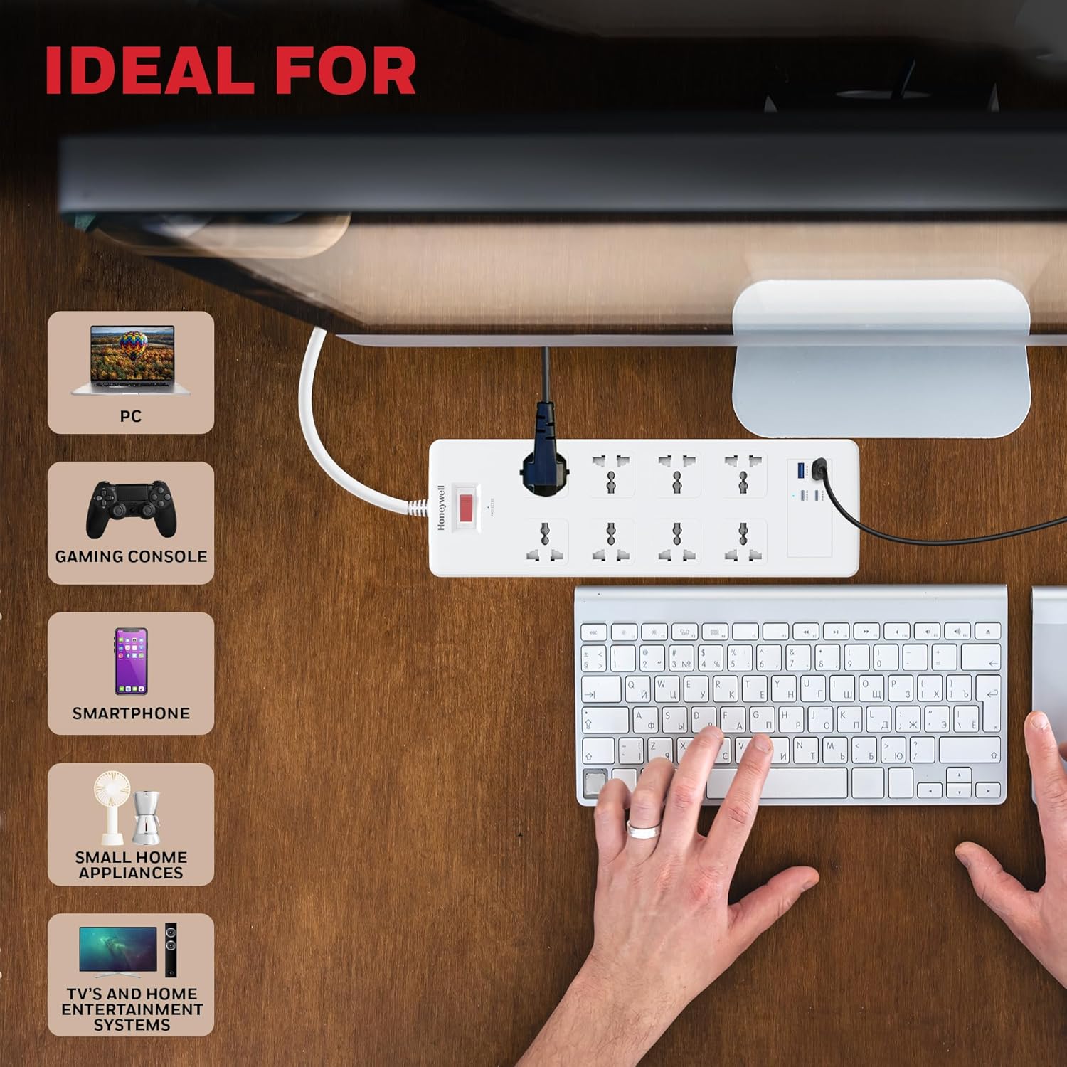 Honeywell 8 Out Surge Protector with Master Switch, Spike Guard/Extension board, 8 Outlet, 2xPD20W & 2xUSB, 1050 Joules, 1.8 Meter Cord, DSW, Automatic Overload Protection- White
