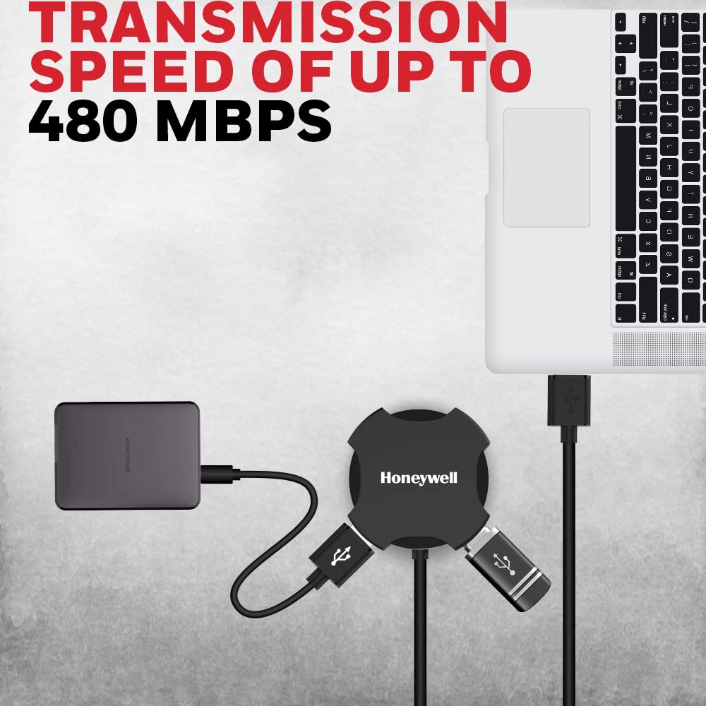Honeywell 4 in 1 Ultra Slim USB Hub 2.0, with 1.2Meter(4 feet) Cable, with a Transfer Speed of 480MBPS, Universally Compatible with All USB PC Speaker Laptop Hard Drive Keyboard Printer Pen Drive- Black
