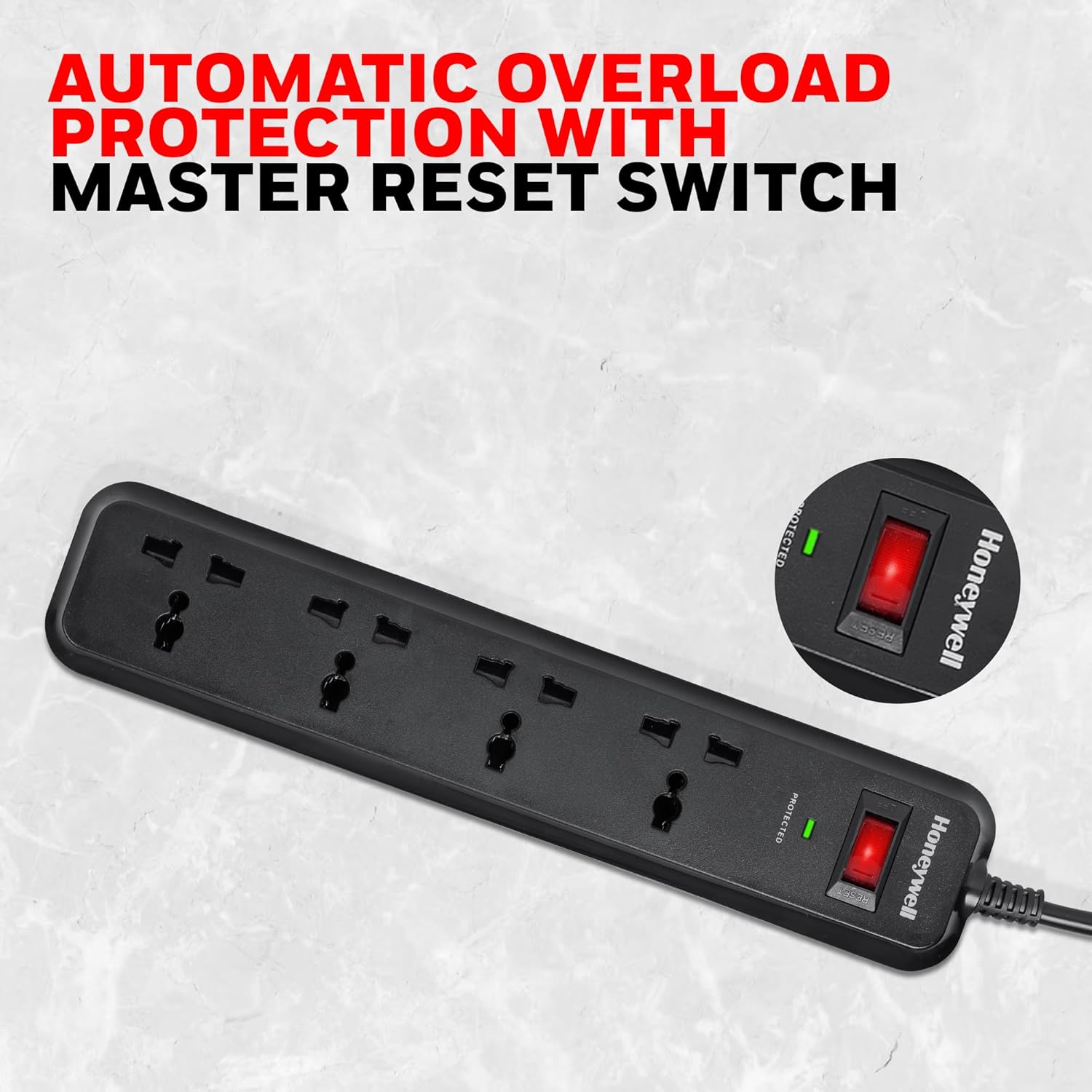 Honeywell 4 Universal Sockets Surge Protector, 2 Meter Cord, 15000Amp, Device Secure Warranty, Automatic Overload Protection, Spike Guard/Extension Board, Master Switch