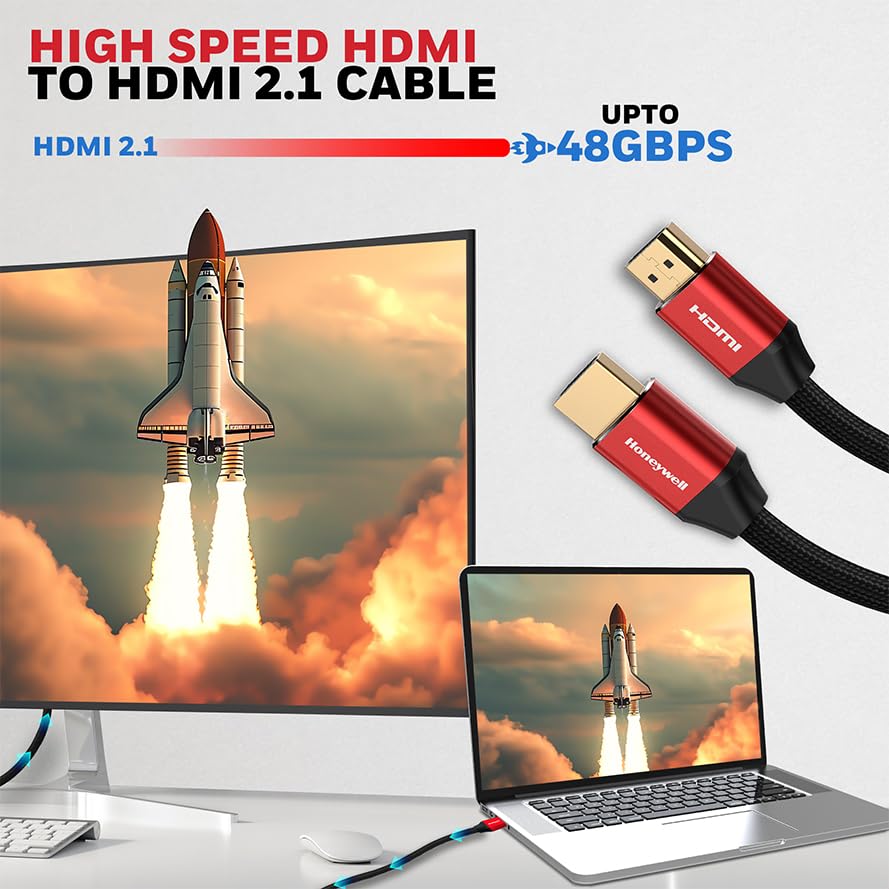 Honeywell HDMI Cable 2.1 with Ethernet, 8k@60Hz, 4k@120Hz UHD Resolution, 1 Mtr(3.3ft),Male-to-Male,Compatible with all HDMI-Enabled Devices