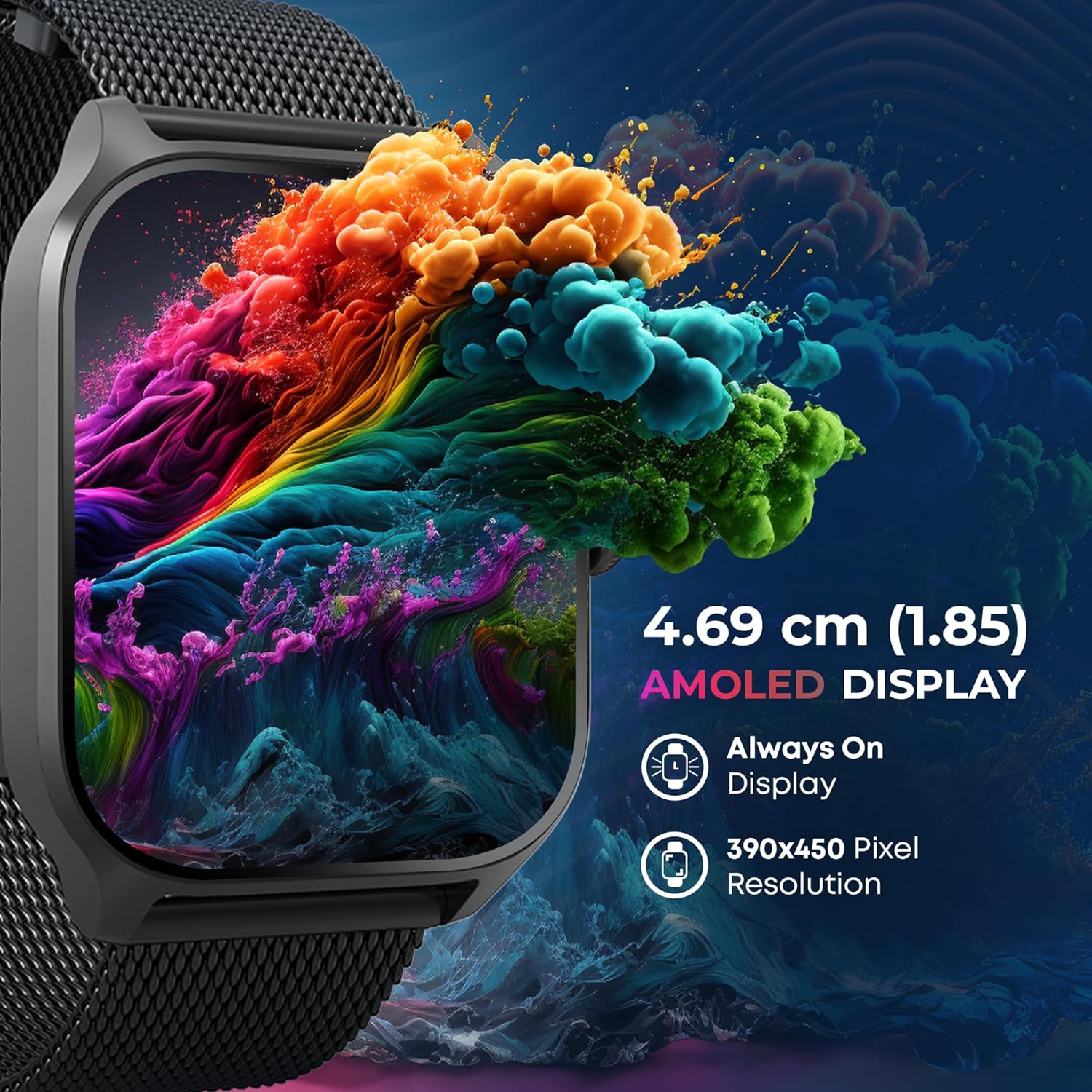 Titan Zeal Smart Watch with 1.85" AMOLED Display with AOD, Single Sync BT Calling, Advanced Chipset, 100+ Sports Modes & Watch faces, IP68- Black Mesh Metal