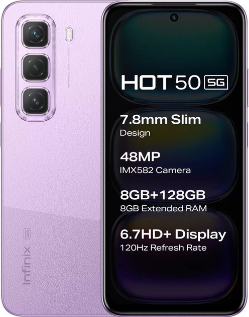 Infinix Hot 50 5G Smart Phone X6720, (Dreamy Purple, 128 GB) (4 GB RAM) Main Camera 48MP and 8MP Front, 17.02 cm (6.7 inch) HD+ Display
