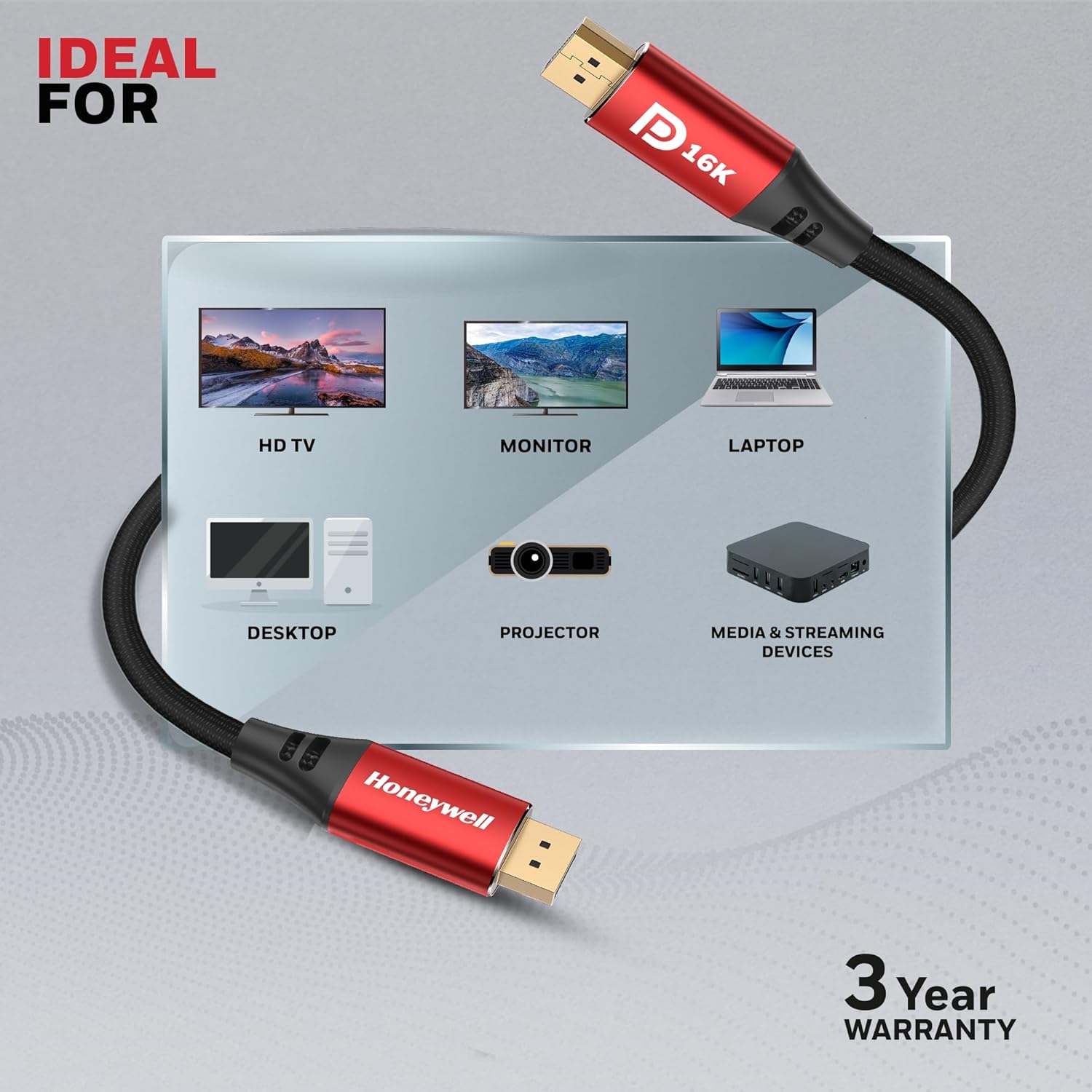 Honeywell Display Port To Display Port 2.1 Cable, 16K@60Hz UHD Resolution, 2 meter, Male to Male, Compatible with TV, Laptop, Projector, Monitor, etc- Black