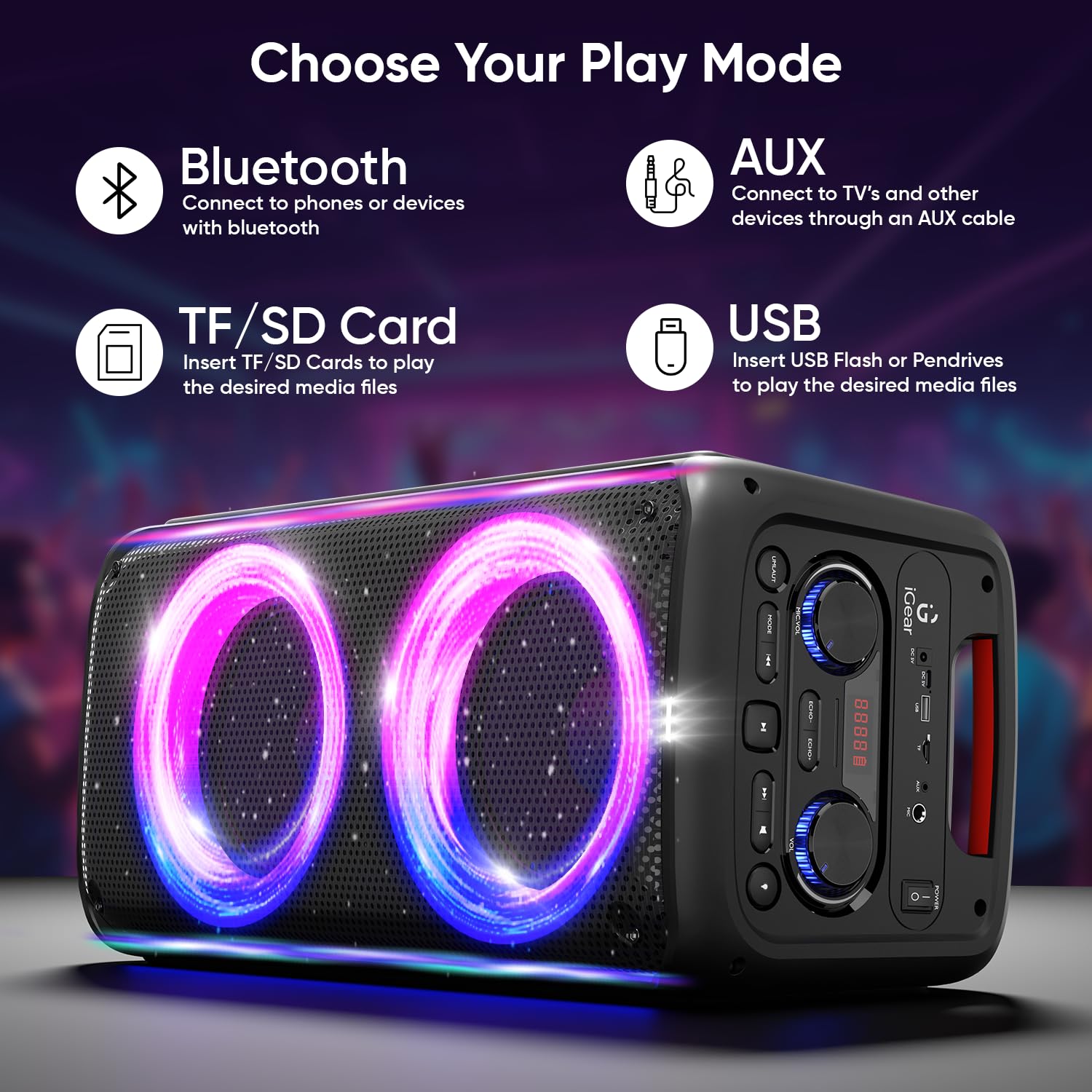 iGear X-Bass 60 iG-1061 Ultimate 60W Portable Bluetooth Party Speaker with Dual Bass Radiators, Remote Control (Black)
