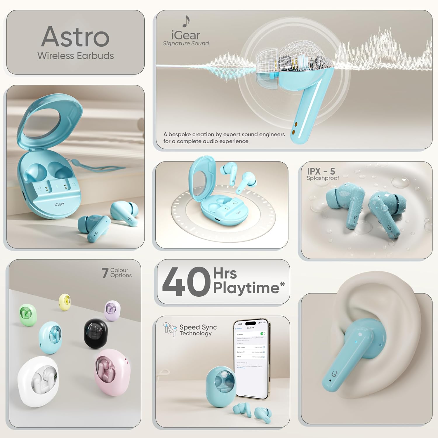 iGear Astro iG-1029 Wireless Earbuds Stylish HiFi Audio with 40-Hour Playtime- Blue