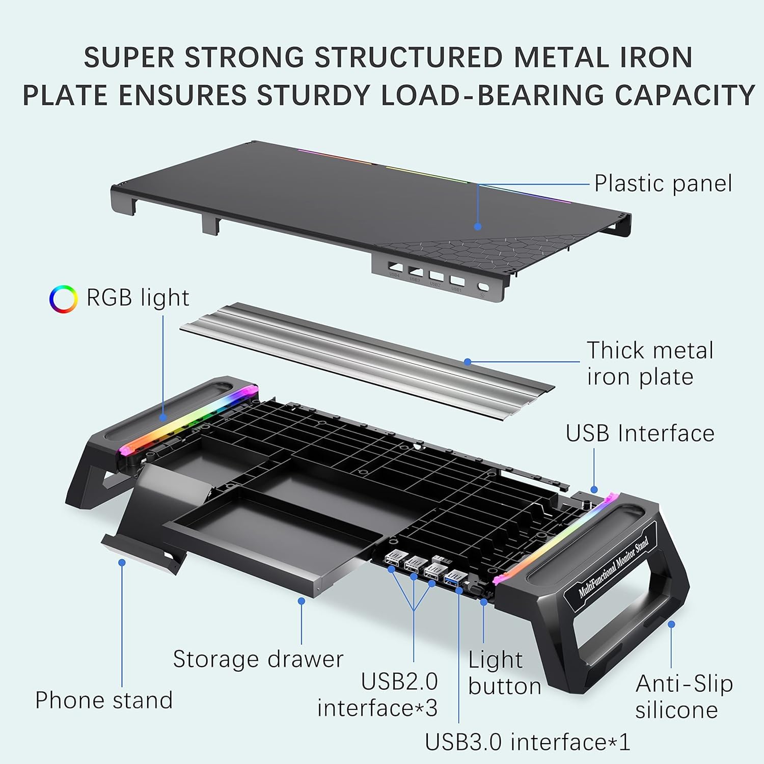 iBall ICEPAD PC30 RGB Monitor Stand for Desk with USB 3.0 & 2.0 Hub, Foldable Computer Screen Riser with Storage Drawer and Phone Holder