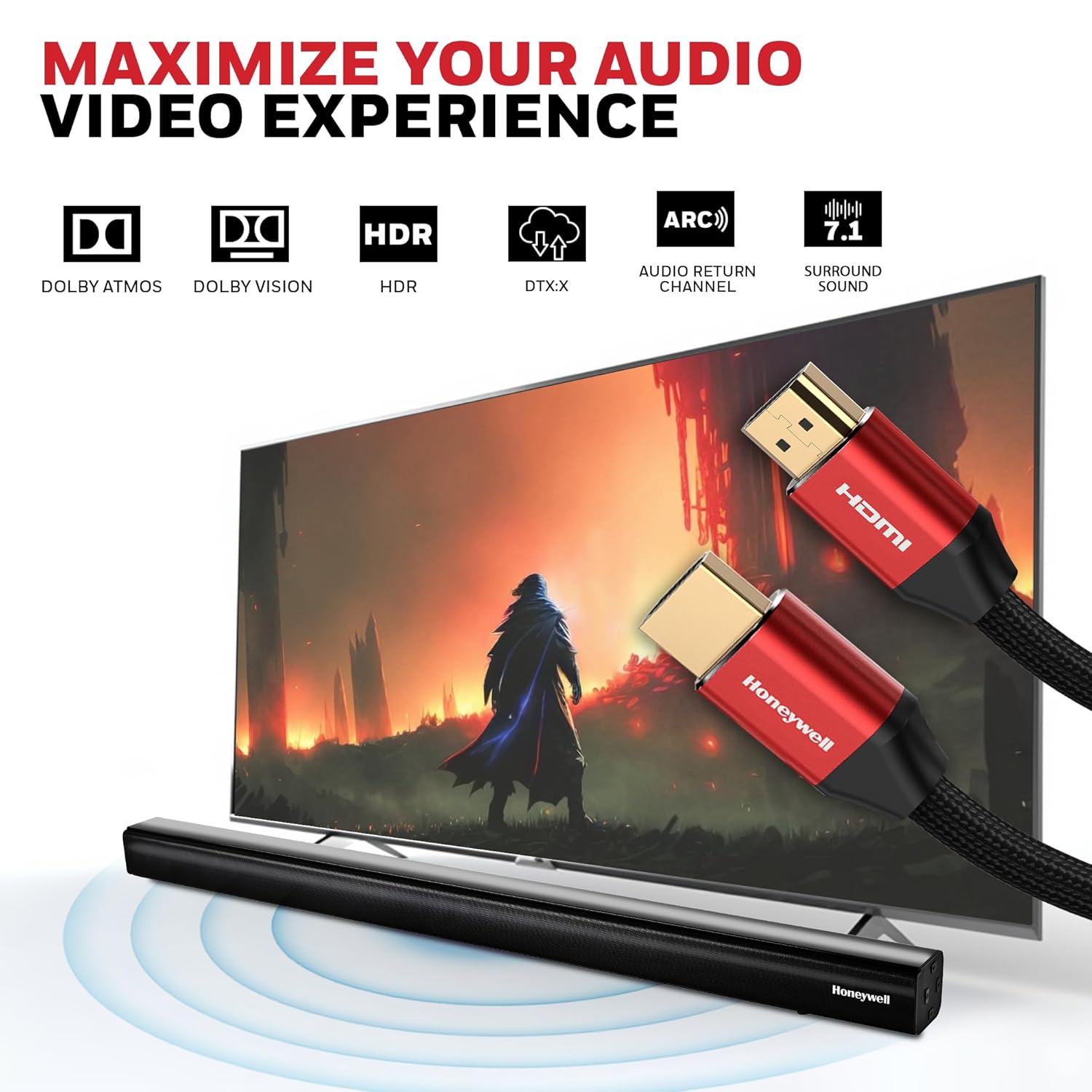 Honeywell HDMI Cable 2.1 with Ethernet, 8k@60Hz, 4k@120Hz UHD Resolution, 3Mtr(9.8ft),Male-to-Male,Compatible with all HDMI-Enabled Devices