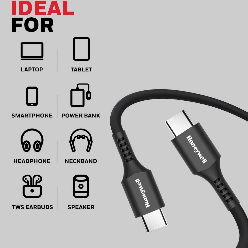 Honeywell Type C To Type C Cable, 6 Feet(1.8M), PD 60W, QC 3.0, Fast Charging & Sync Cable, Ultra Soft Silicone cable for Smartphone, Laptop, Power Bank, Tablet- Black