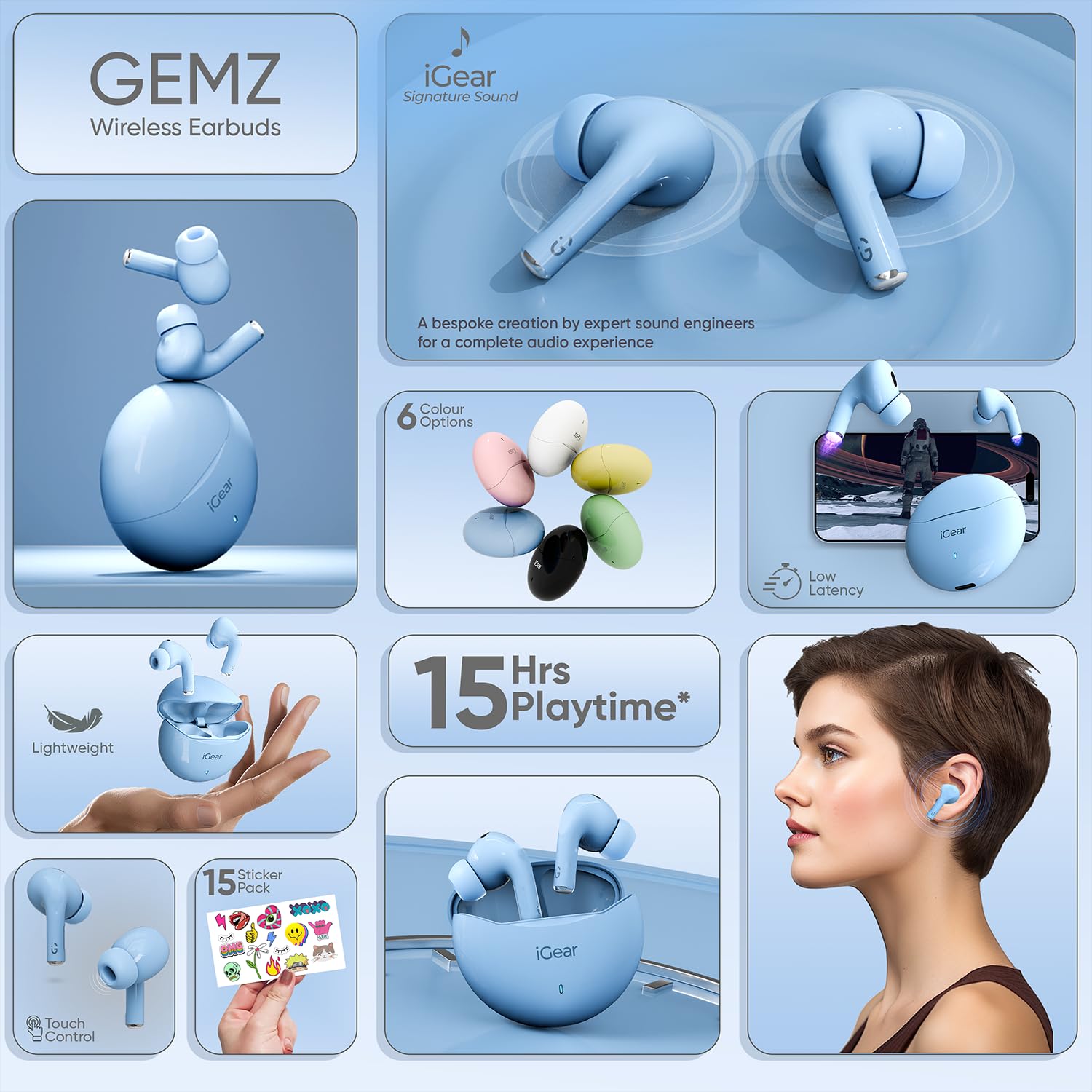 iGear Gemz iG-1142 TWS Wireless Earbuds, 15 Hrs+ Playtime- Blue