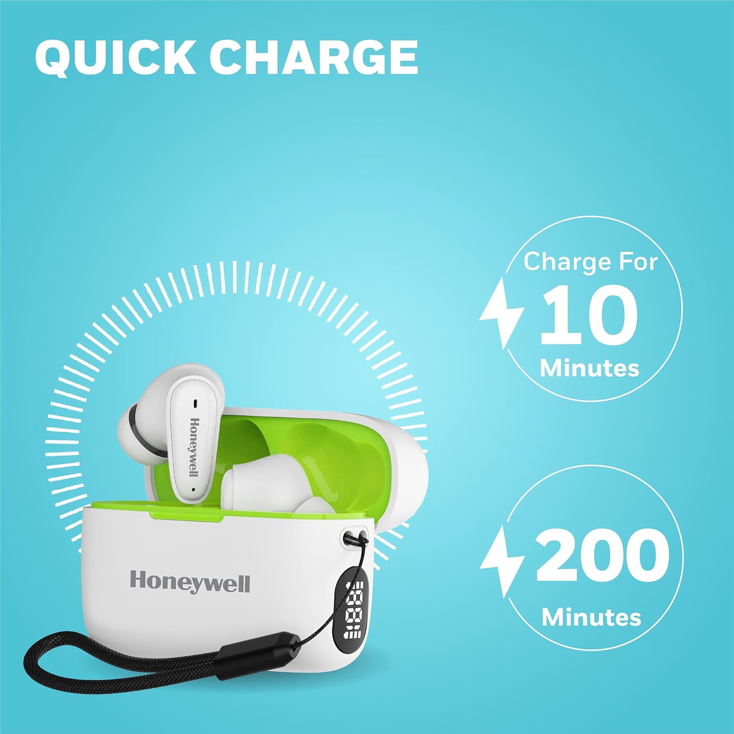 Honeywell Moxie V1100 TWS Earbuds in-Ear wireless with Digital Battery Display Case, Bluetooth V5.3, 31 Hours of Playtime, 13mm*2 Drivers, Fast Charging -White