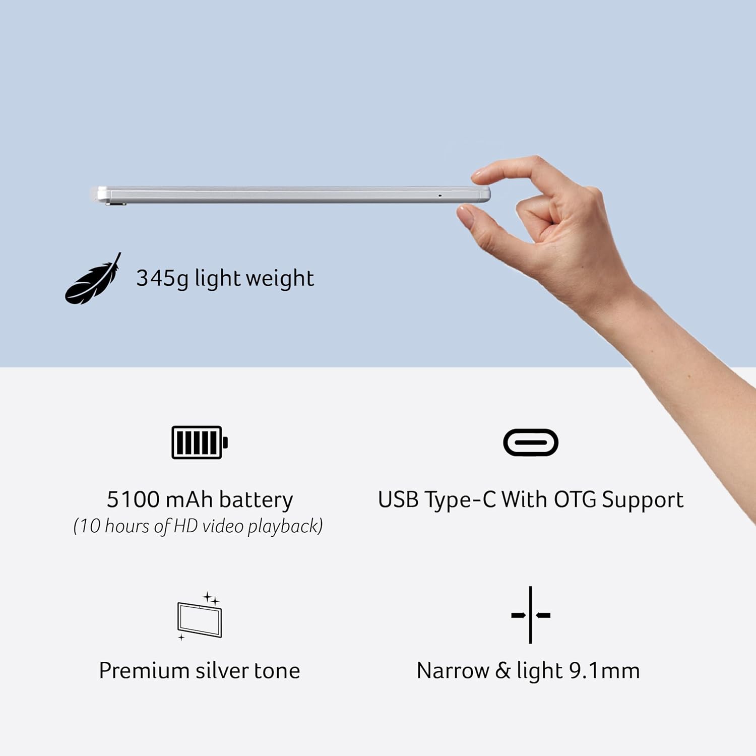 Acer One T9-422L Tablet with 22.09 Cm (8.7") Screen Size with 3 GB RAM and 32 GB Emmc, 350 NITS Brightness IPS Panel, 4G LTE, Android 12- Silver