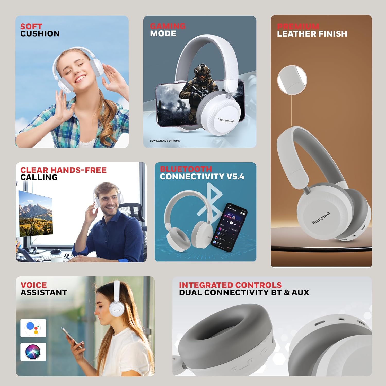 Honeywell Moxie V20 Bluetooth v5.4 On-Ear Headphones with Mic, ENC, 25H Playback, Deep Bass, IPX4, Aux, Stereo Sound, 40ms low latency Gaming Mode- Grey