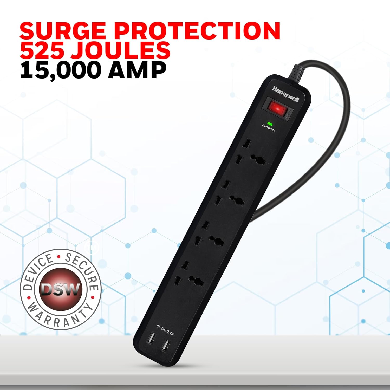 Honeywell 4 Universal Sockets Surge Protector, 2USB Ports, 2Meter,15000Amp,Device Secure Warranty,Auto Overload Protection,Spike Guard/Extension Board,Master Switch,3Year Manufacturer Warranty-Black