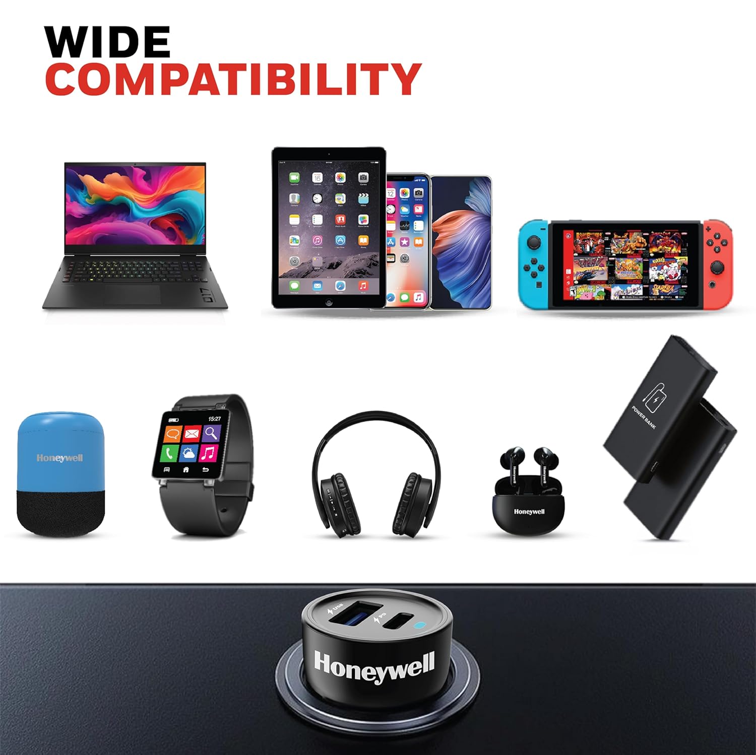 Honeywell Micro CLA 65W PD Smart Car Charger, Adapter for iPhone and Android, 1xType C & 1xUSB A Port, Ultra-Fast Charging, Compatible with All Smartphones & Tablets.