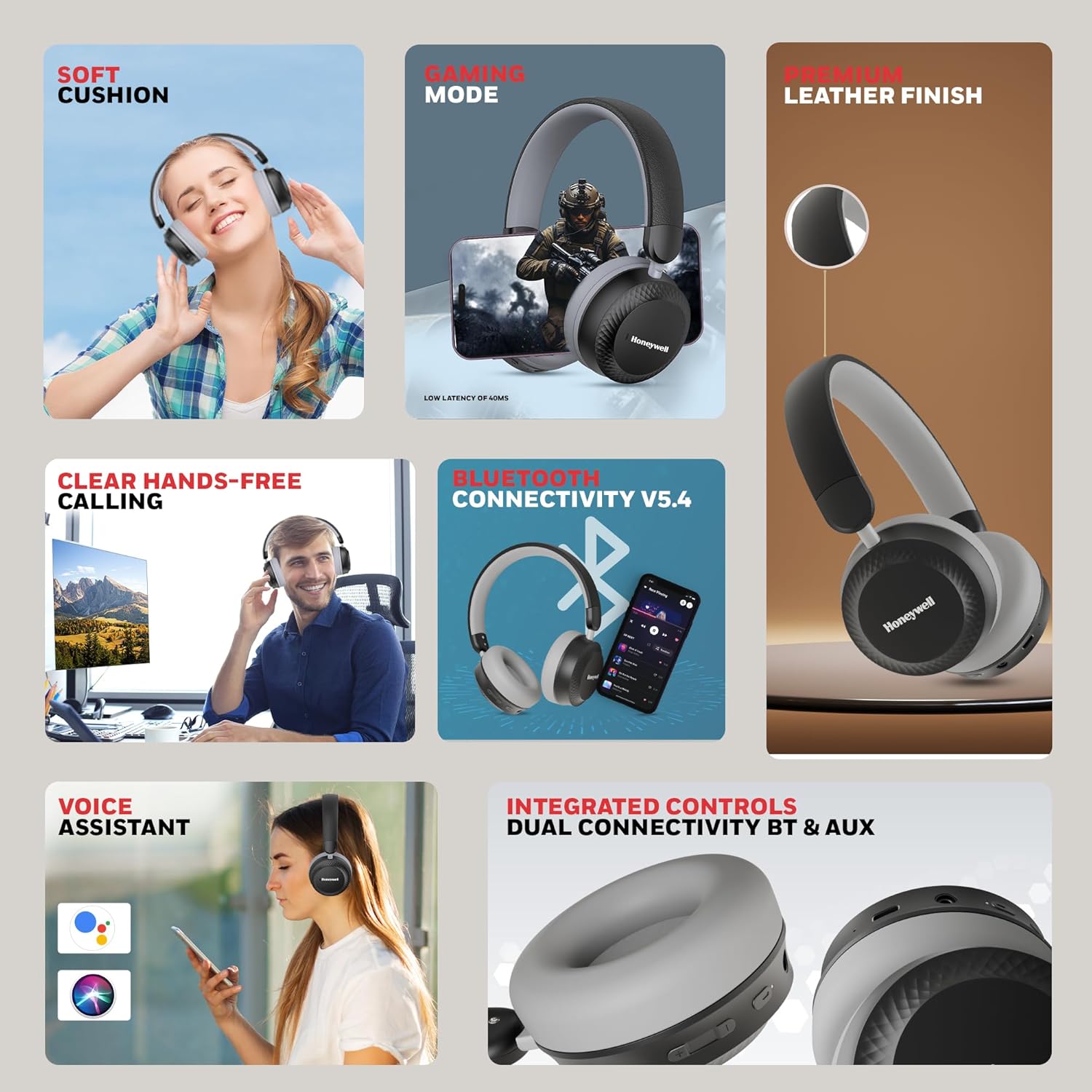 Honeywell Moxie V20 Bluetooth v5.4 On-Ear Headphones with Mic, ENC, 25H Playback, Deep Bass, IPX4, Aux, Stereo Sound, 40ms low latency Gaming Mode- Black