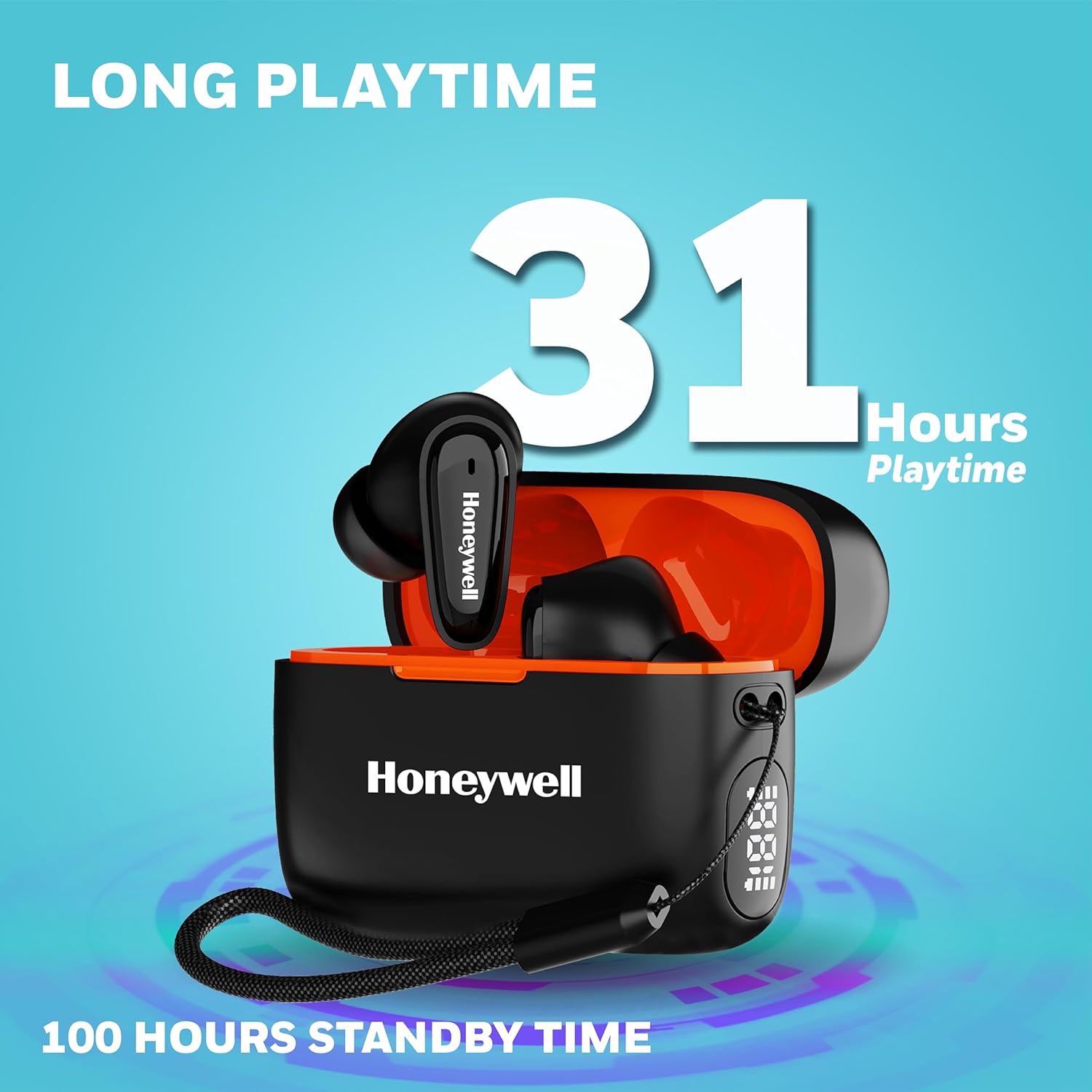 Honeywell Moxie V1100 TWS Earbuds in-Ear wireless with Digital Battery Display Case, Bluetooth V5.3, 31 Hours of Playtime, 13mm*2 Drivers, Fast Charging -black