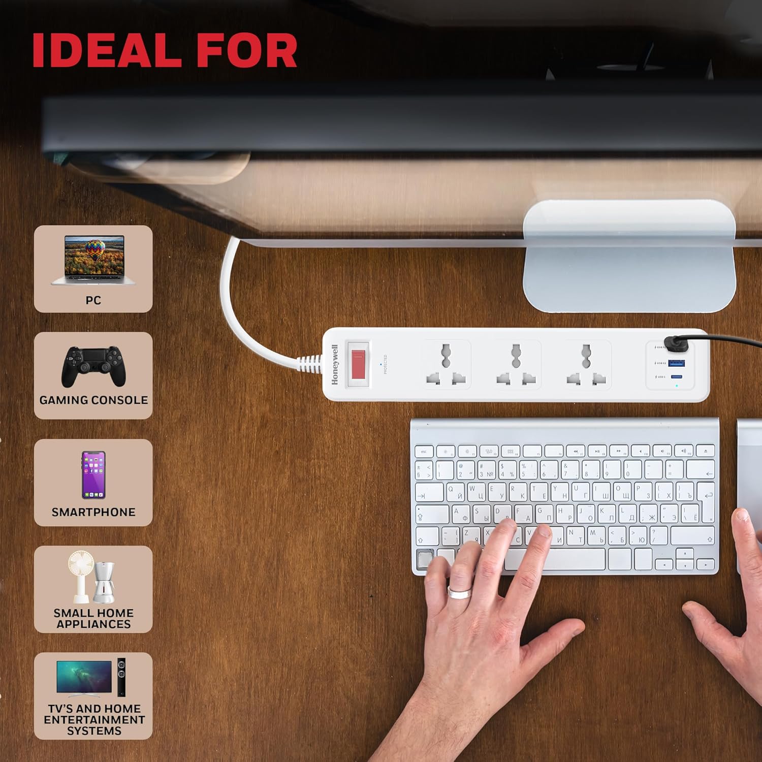Honeywell 3 Out Surge Protector with Master Switch, Spike Guard/Extension board, 3 Outlet, PD20W & 2xUSB, 471 Joules, 1.8 Meter Cord, DSW, Automatic Overload Protection- White