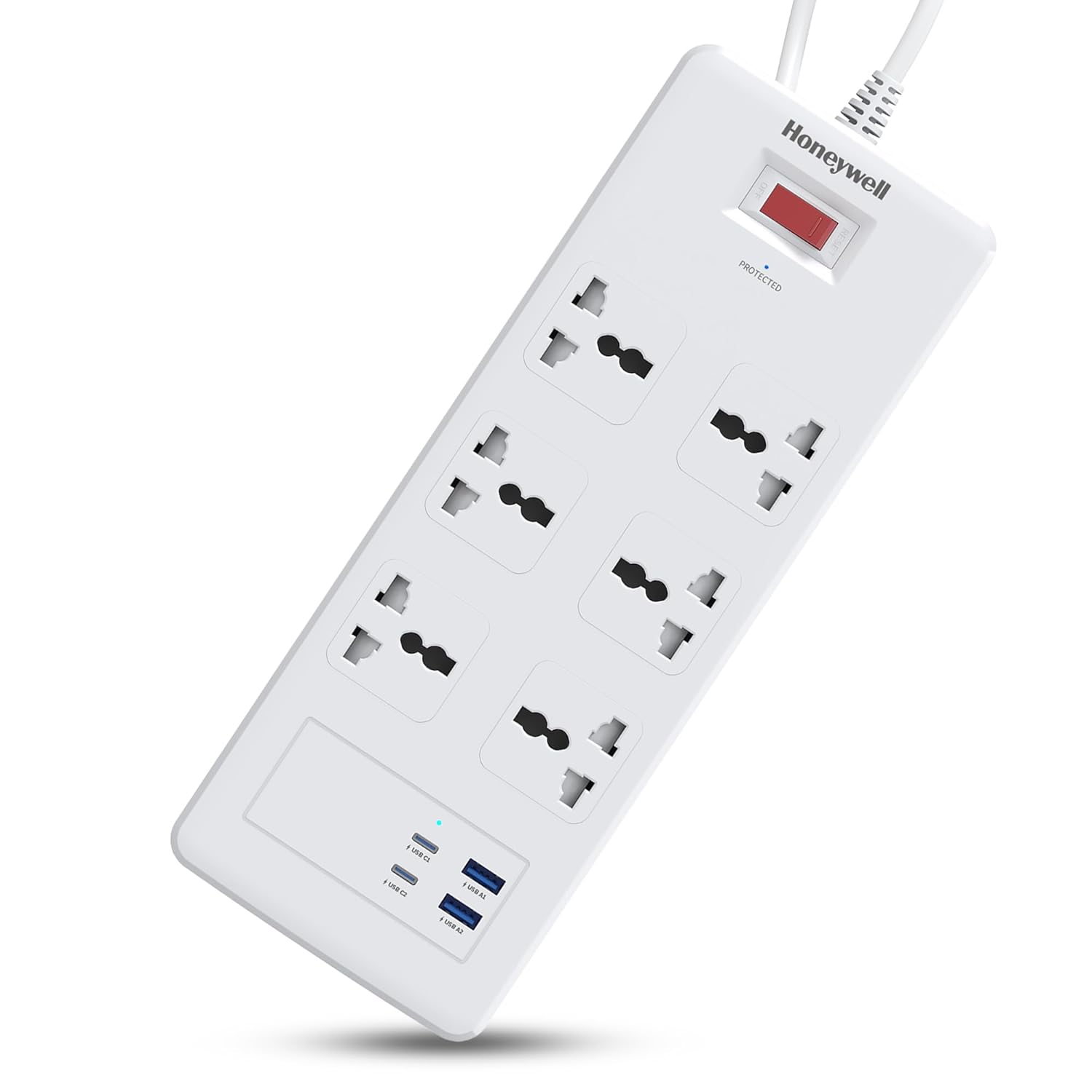 Honeywell 6 Out Surge Protector with Master Switch, Spike Guard/Extension board, 6 Outlet, 2xPD20W & 2xUSB, 1050 Joules, 1.8 Meter Cord, DSW, Automatic Overload Protection, 3 Years Manufacturer Warranty