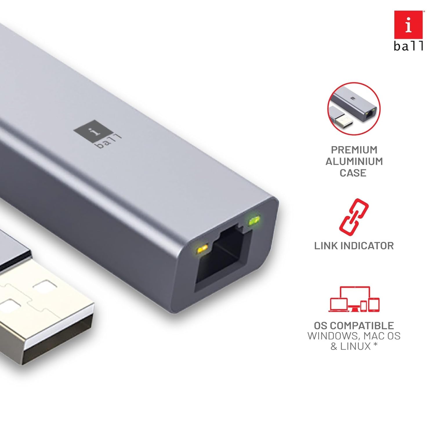 iBall Bridge 100E USB to 100M Ethernet Adapter, Link Indicator, 10/100 Mbps Network Speed, Aluminium case