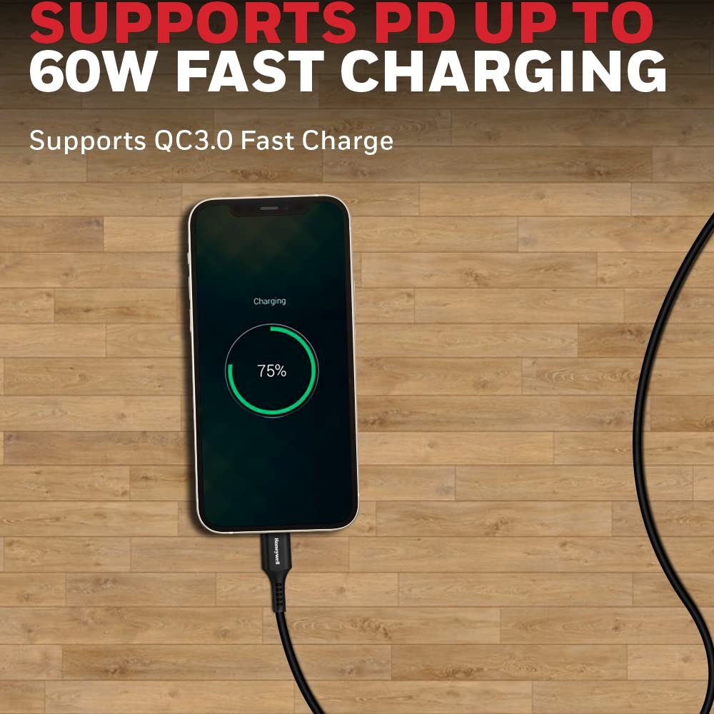 Honeywell USB 2.0 To Type C Cable (Black), PD 60W, QC 3.0, Fast Charge & Sync Cable, Ultra Soft Silicone cable for Smartphone, Laptop,Power Bank, Tablet- 6 Feet (1.8M)