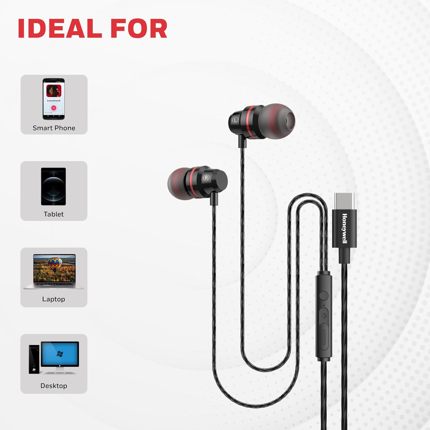 Honeywell Suono P60 Wired Earphones with built in Mic, Passive Noise Cancellation, Type C Compatible, Voice Assistant Enabled, 1.2 Mtr- Black